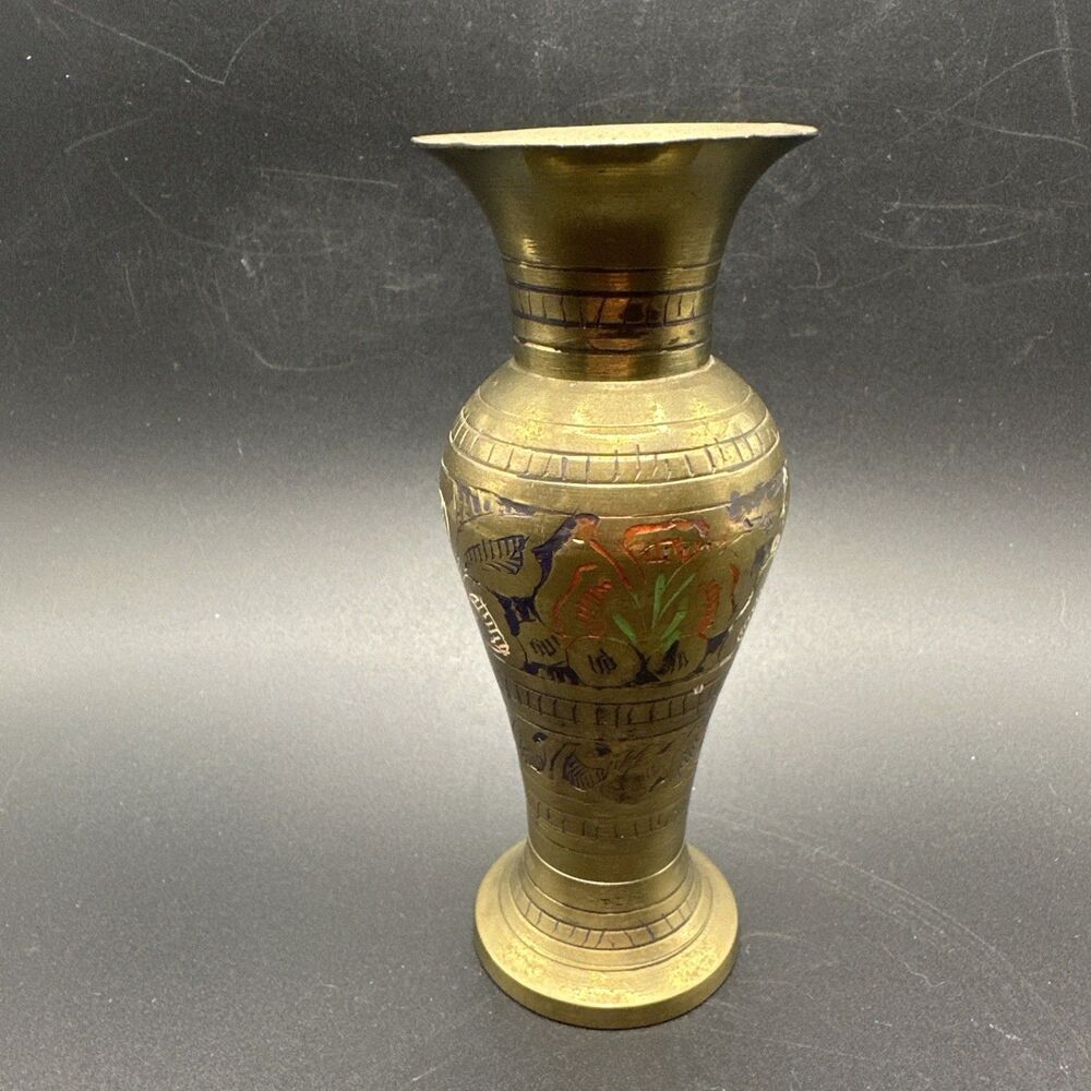 Vintage Small Solid Brass Bud Vase Etched Flowers Made In India 5”